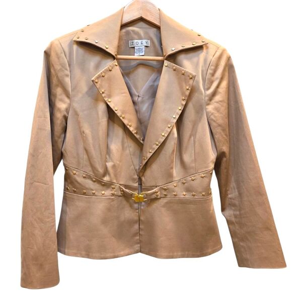 Zoey Tan Jacket Blazer Gold Studs & Buckle Peplum Cotton Size 4 - Picture 1 of 11